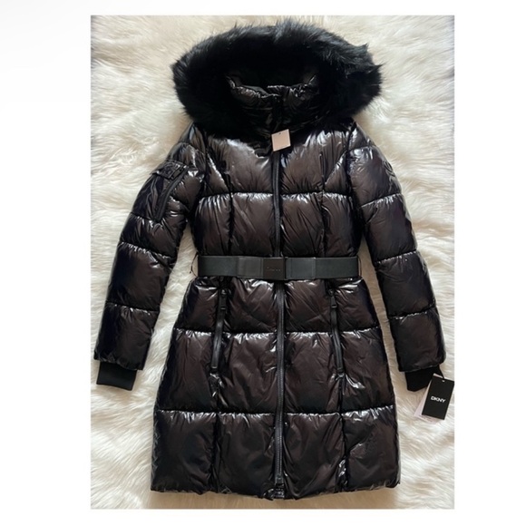 New! DKNY Black Glossy Belted Puffer Coat with Removable Faux Fur Hood - Picture 8 of 16